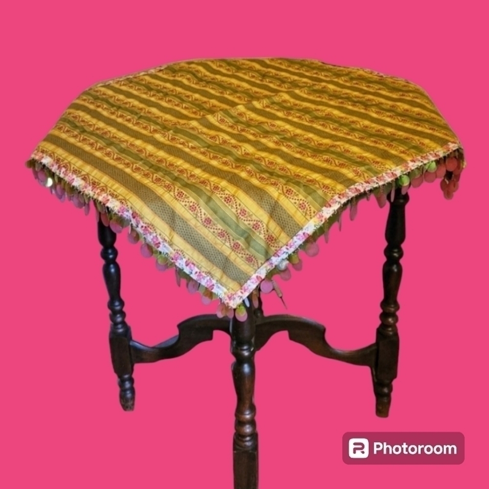 HANDMADE Square Floral Brocade Sequin Fringe Table Cloth